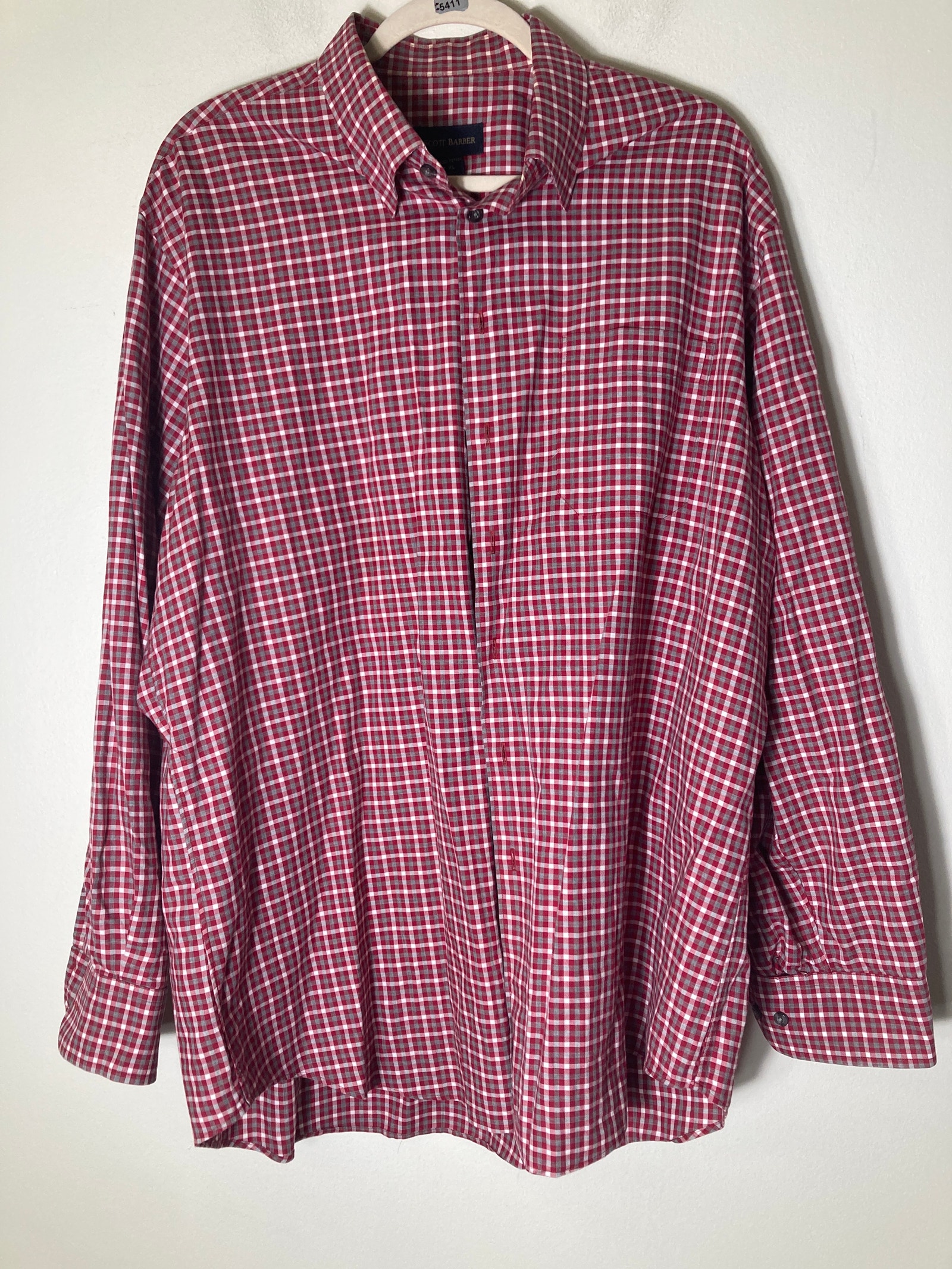 Men's Scott Barber Red Gray Plaid Long Sleeve Cotton Dress Shirt Sz Xl